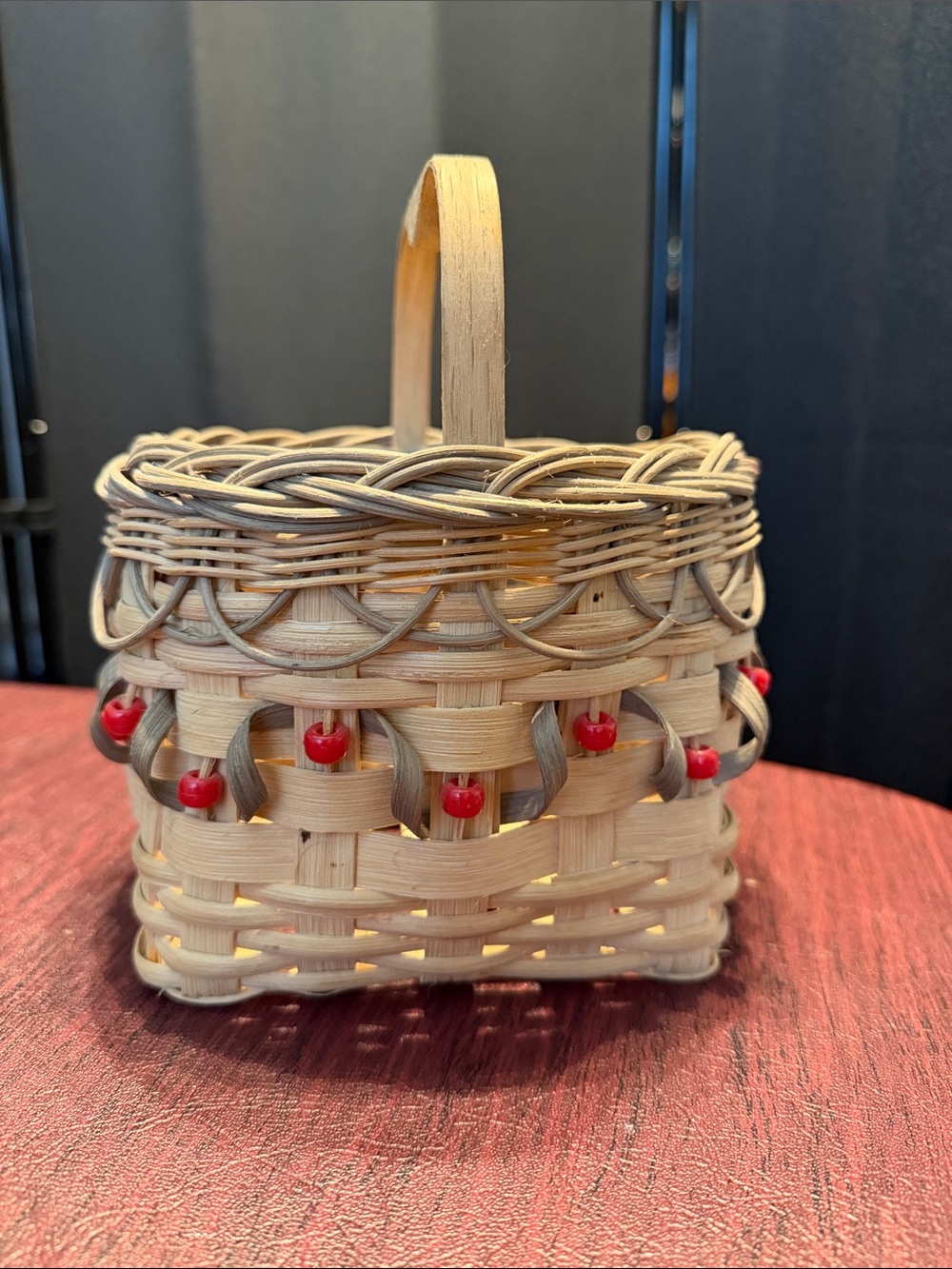 Vintage Handwoven Natural Wicker Basket Red Bead Accents